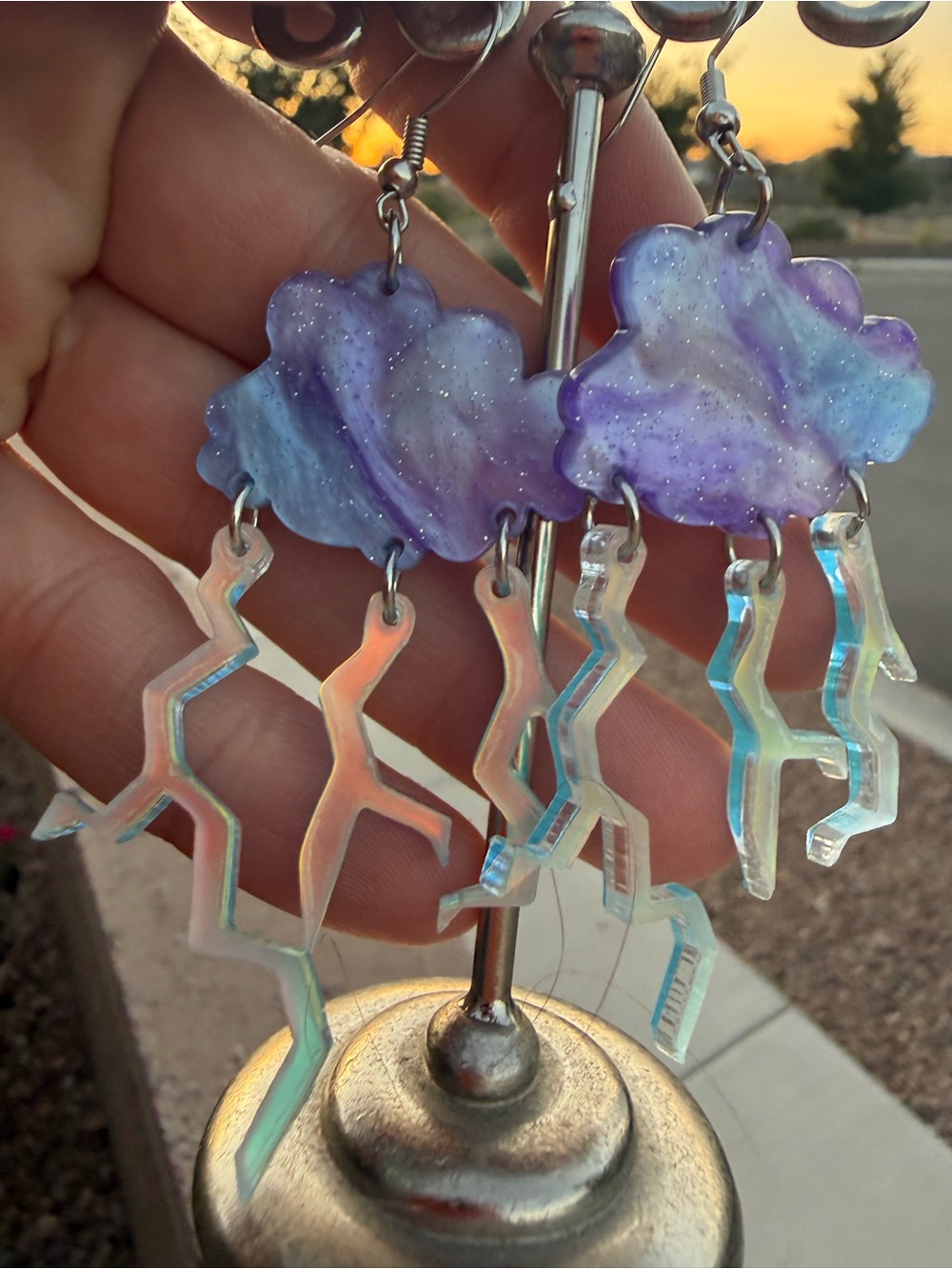 Y2K Purple Glitter Cloud & Iridescent Lightning Bolt Dangle Earrings Lucite